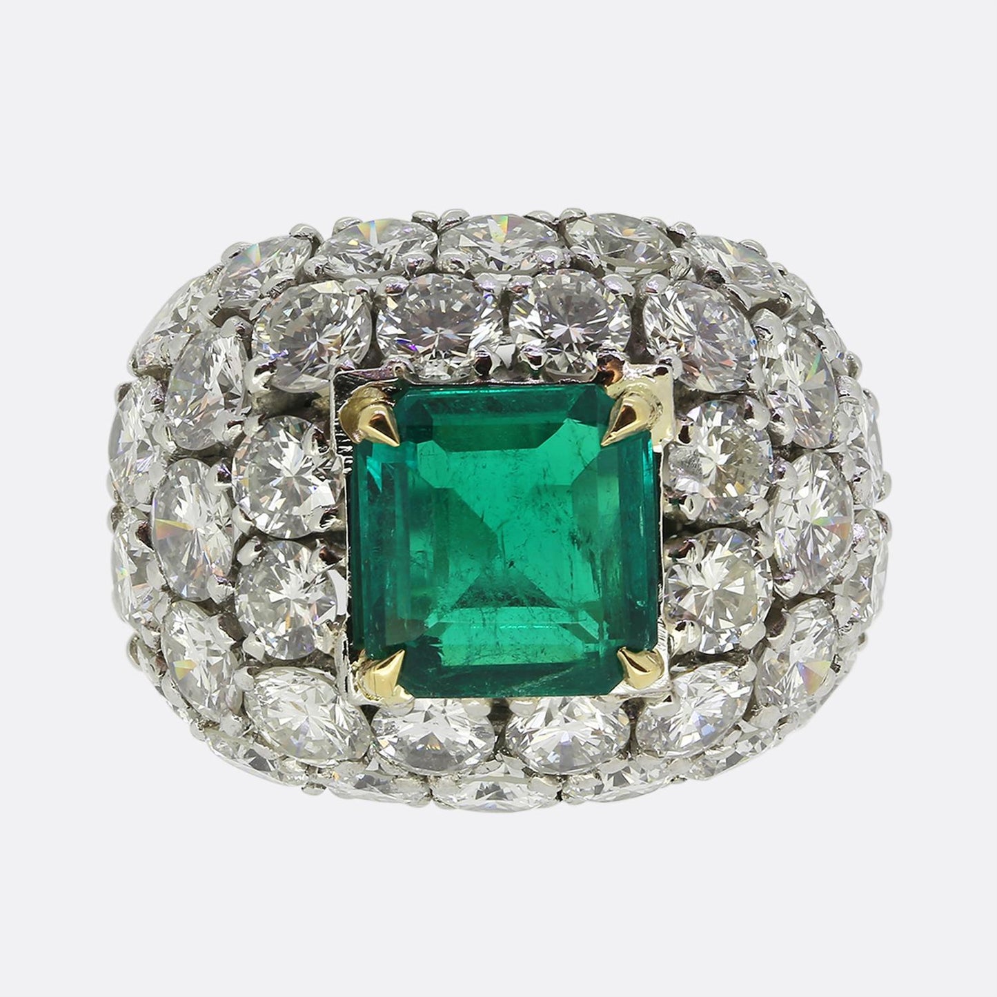 Vintage Colombian Emerald and Diamond Bombe Cluster Ring