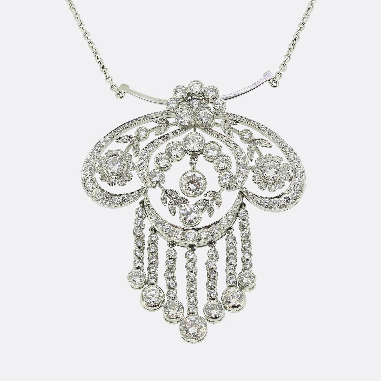 Art Deco Diamond Floral Drop Pendant Necklace