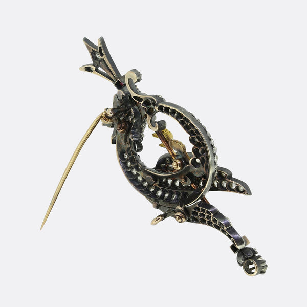 Victorian Ruby Diamond and Enamel Cockatrice Brooch