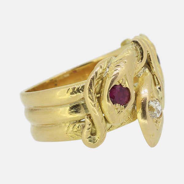 Antique Ruby Sapphire and Diamond Triple Snake Ring