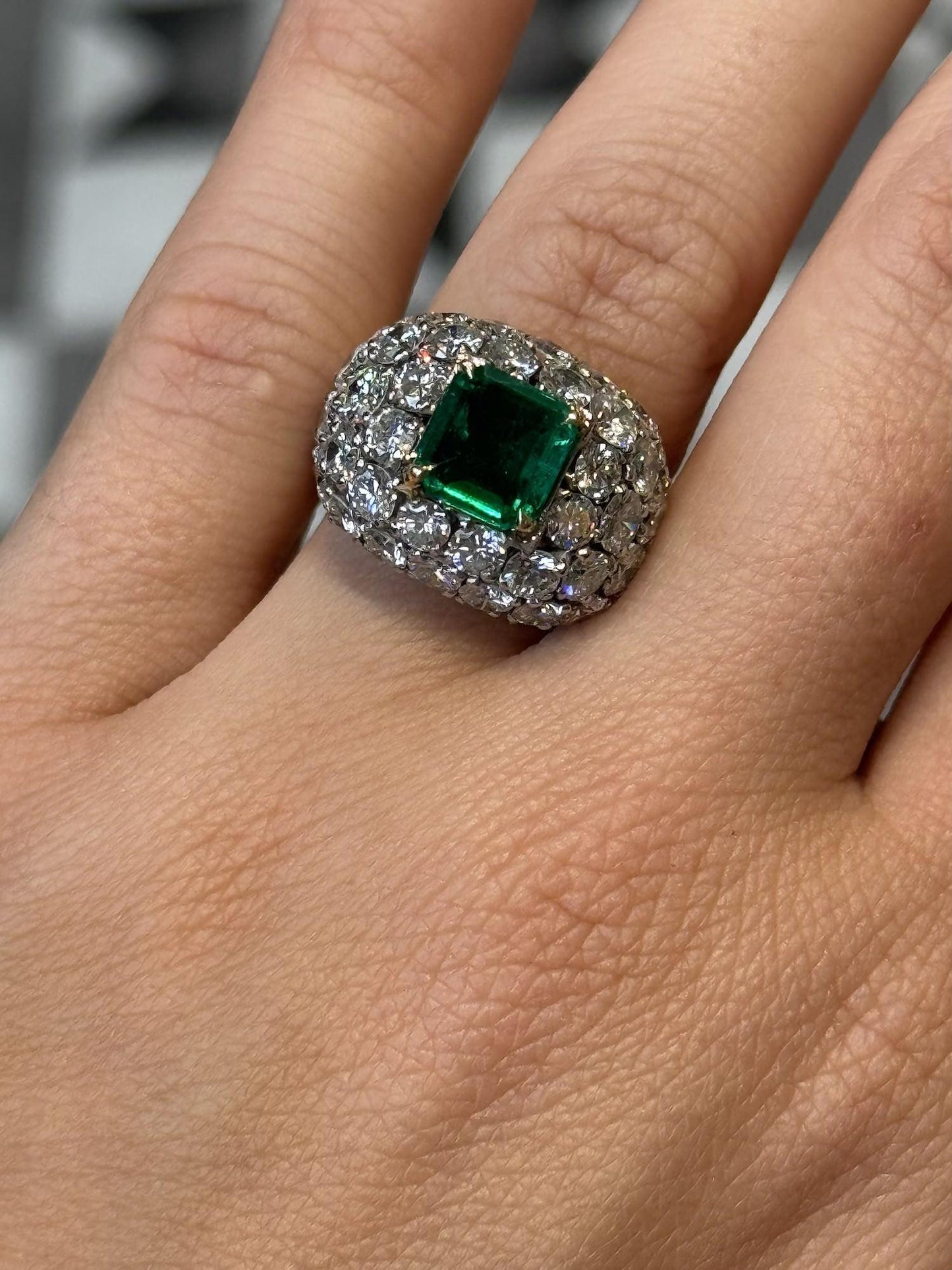 Vintage Colombian Emerald and Diamond Bombe Cluster Ring