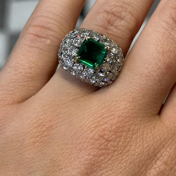 Vintage Colombian Emerald and Diamond Bombe Cluster Ring