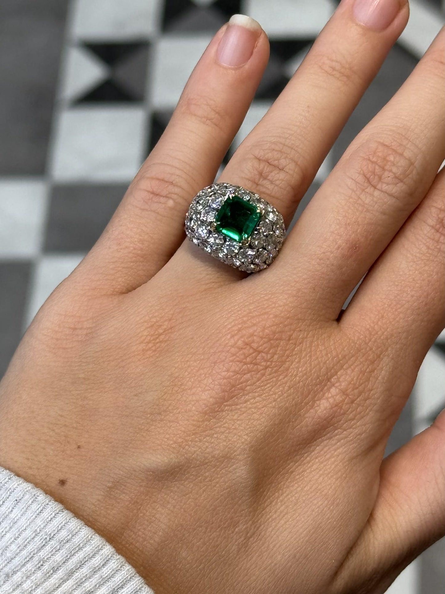 Vintage Colombian Emerald and Diamond Bombe Cluster Ring