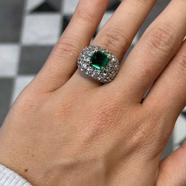 Vintage Colombian Emerald and Diamond Bombe Cluster Ring