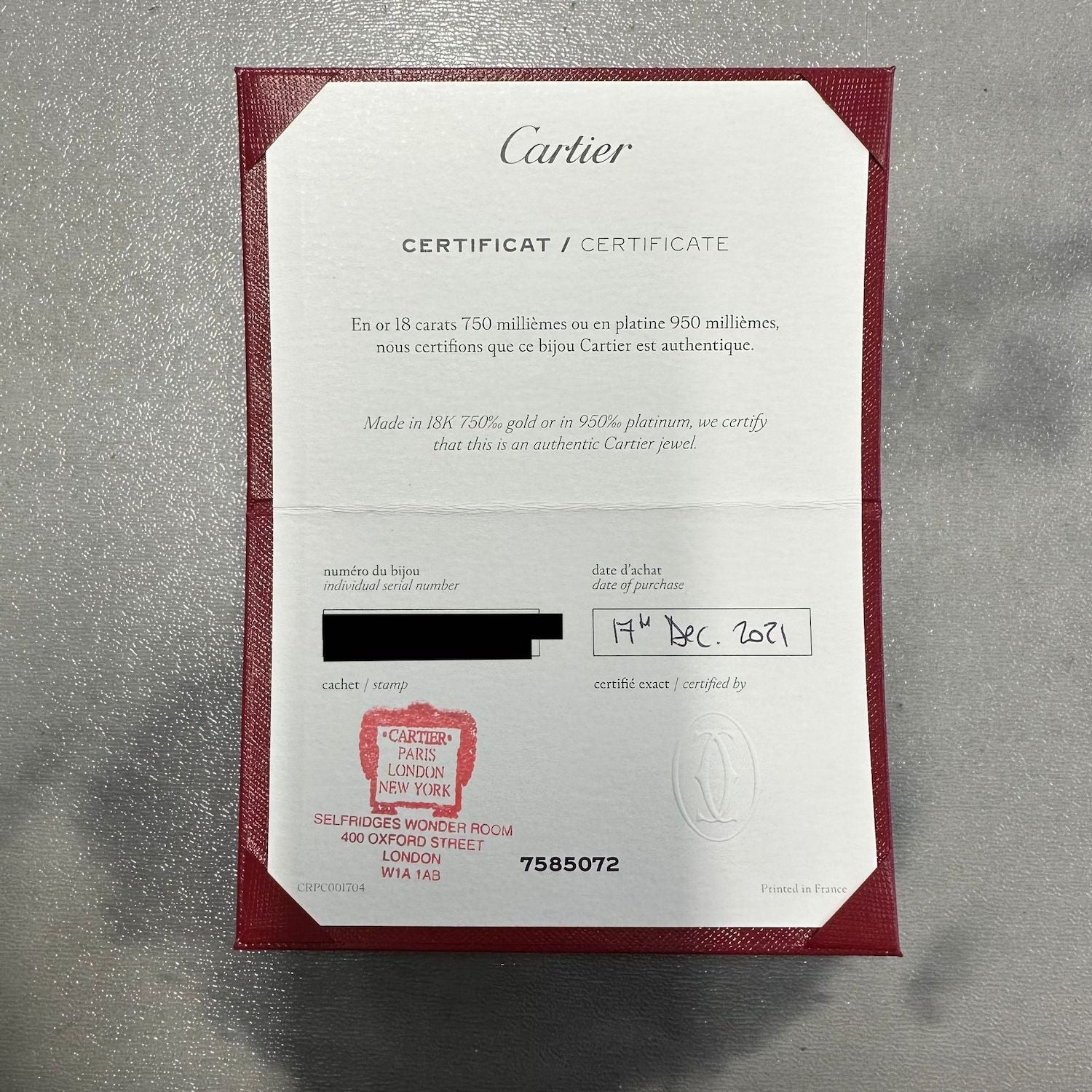 Cartier love hot sale bracelet certificate