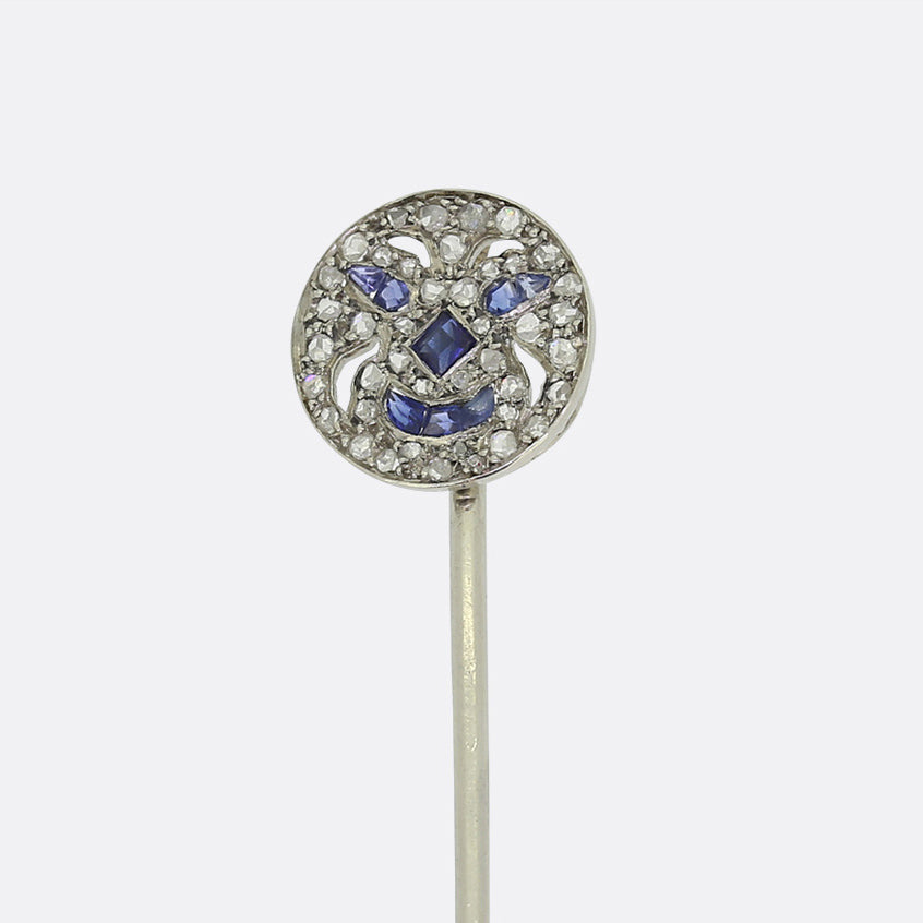 Edwardian Sapphire and Diamond Smiley Face Jabot Pin