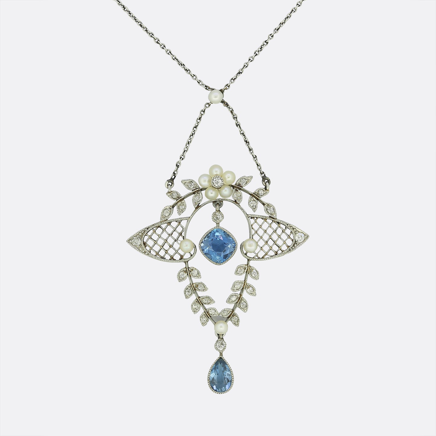 Edwardian Aquamarine, Pearl and Diamond Drop Necklace