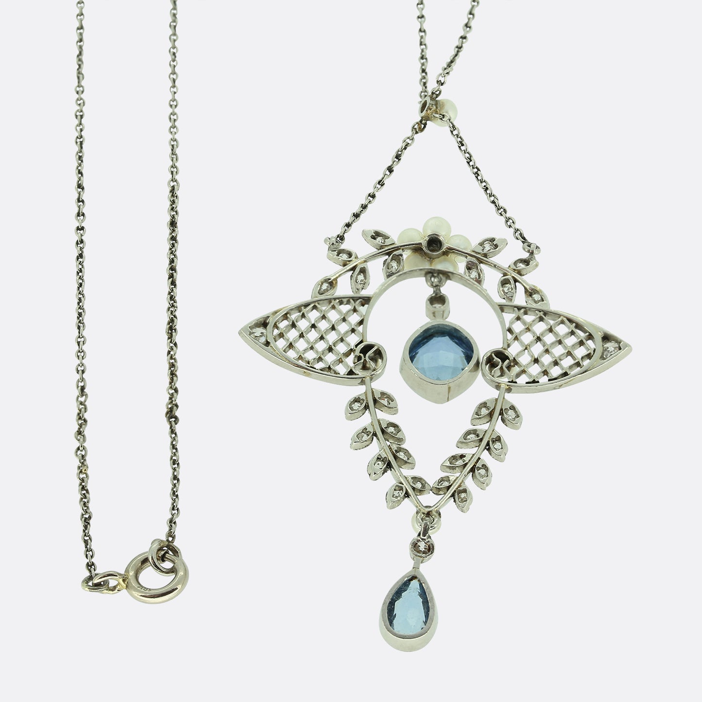 Edwardian Aquamarine, Pearl and Diamond Drop Necklace