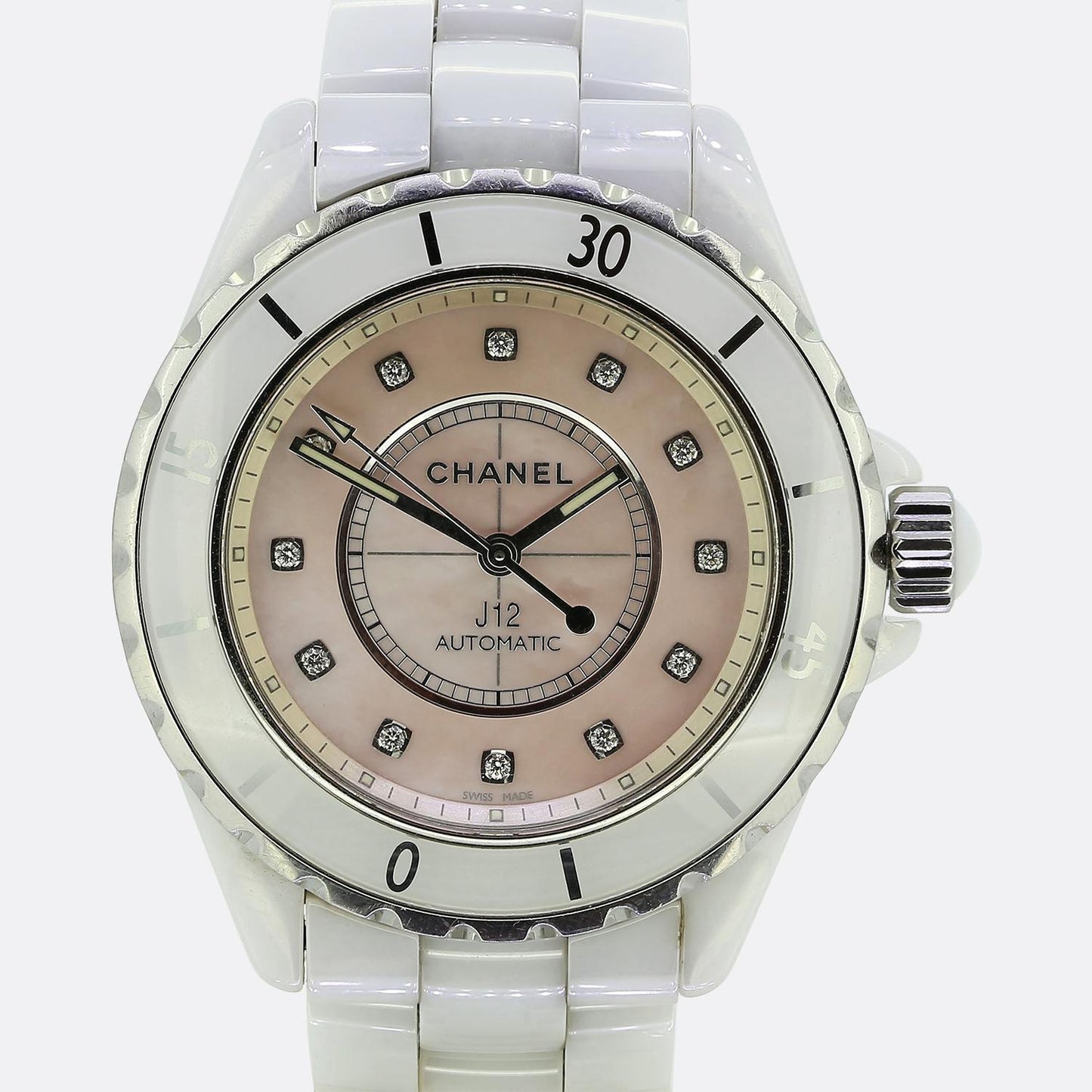 Chanel White Ceramic Pink Dial Automatic Ladies Wristwatch Ref.35606