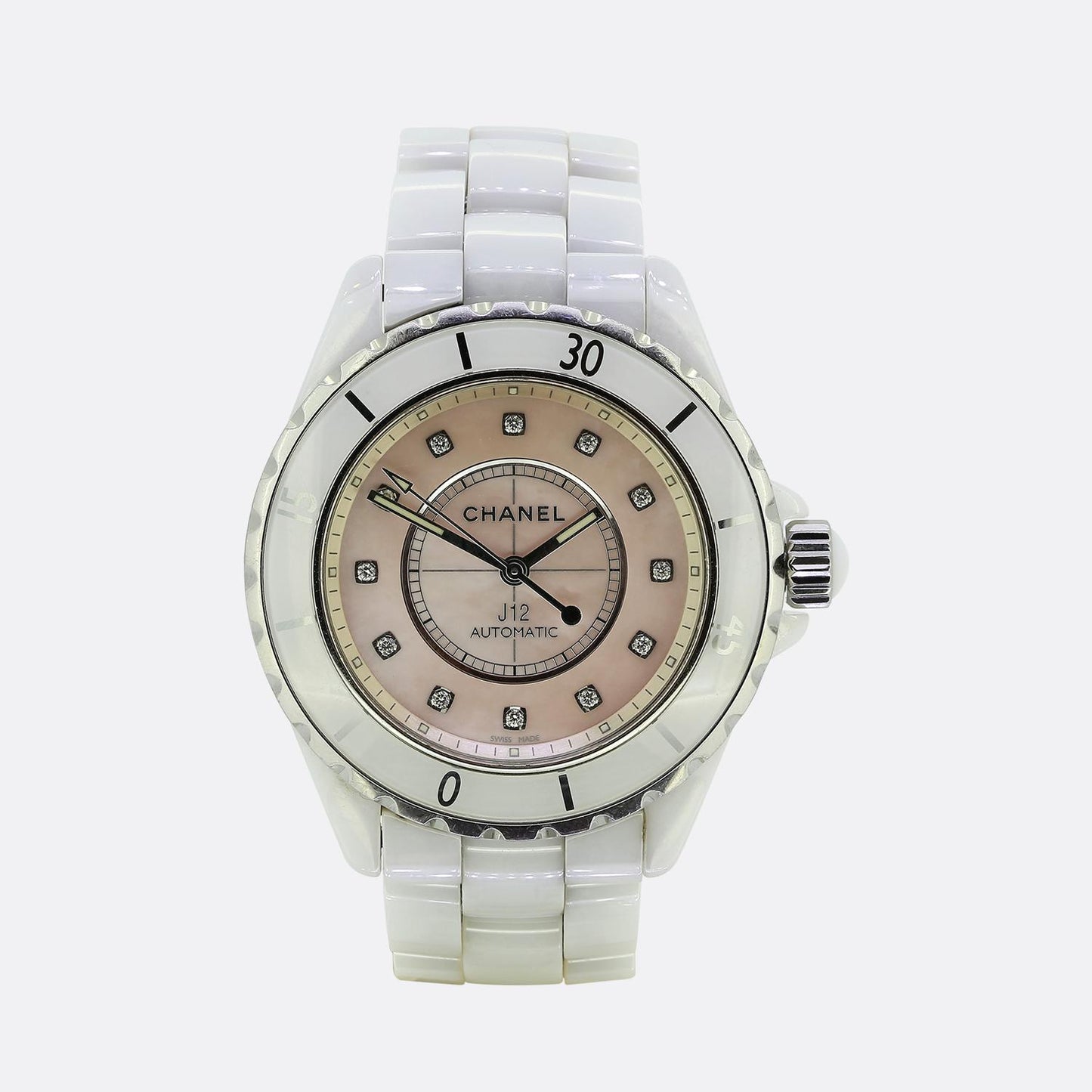 Chanel White Ceramic Pink Dial Automatic Ladies Wristwatch Ref.35606